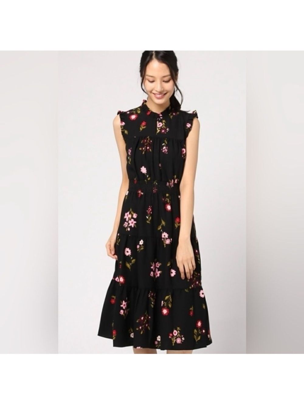 kate spade L Ma Cherie In Bloom Black Floral Smocked Waist Tiered A Line Dress